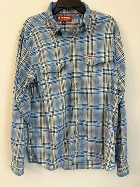 Simms Shirt Mens large Blue Plaid Fishing Outdoor Button Up Long Sleeve Pockets